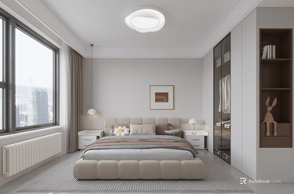 Modern Bedroom Interior Design With Bed Nightstand Wardrobe And Window Curtains 3d model 