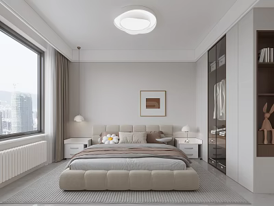 Modern Bedroom Interior Design With Bed Nightstand Wardrobe And Window Curtains 3d model
