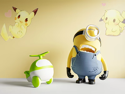 Cute Minion Doll Green White Small Toy with Pikachu Stickers Pink Hearts on Yellow Wall 3d model