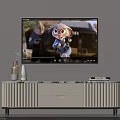 Modern White TV Stand With Striped Design Drawer Storage Decorative Bottles And Wall Mounted TV