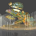Intricate Colorful Crystal Sculpture With Transparent Slim Columns And Golden Base