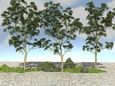 Tall Green Trees with Lush Grass and Rocks under Clear Blue Sky 3d model