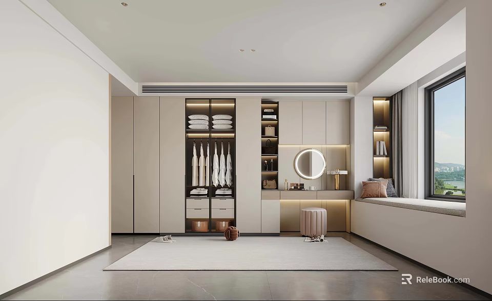 Modern Bedroom Interior Design With Built in Wardrobe Round Mirror And Window Bench 3d model