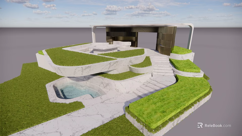 Modern Pergola Design With Lush Green Grass Steps And Pool In Outdoor Space 3d model 