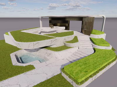 Modern Pergola Design With Lush Green Grass Steps And Pool In Outdoor Space 3d model