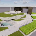 Modern Pergola Design With Lush Green Grass Steps And Pool In Outdoor Space