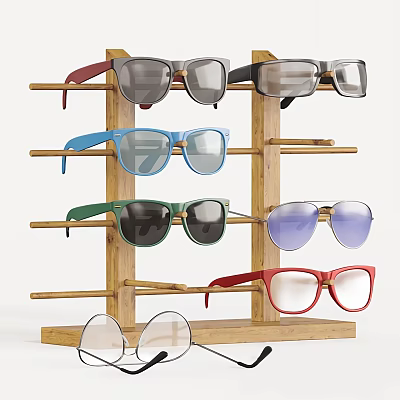 Stylish Daily Use Sunglasses On Wooden Display Rack With Various Colors And Frames 3d model