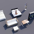 Double Bed With Sofa Coffee Table And Bookshelf In Room Interior Setup 3d model