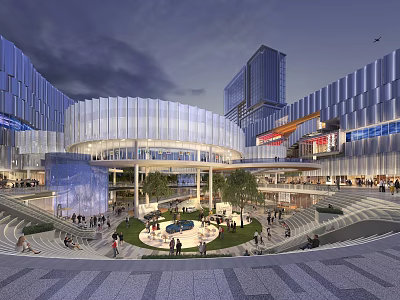 Modern Commercial Street with Glass Facade Multi level Plaza Green Plants Fountain and Crowded People 3d model