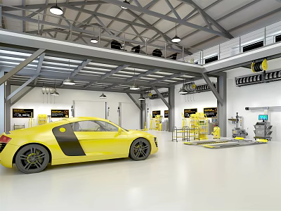 4S Dealership Service Workshop Featuring Yellow Sports Car And Modern Repair Equipment 3d model