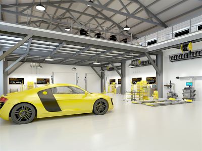 Modern car wash store warehouse changed to car repair shop hall 3d model