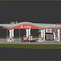 Red and White Canopy Gas Station with Fuel Pumps and Trees Around Vehicles Refueling