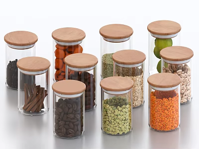 Glass Spice Jars With Wooden Lids Holding Various Spices 3d model