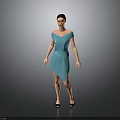 Woman In Teal Off Shoulder Dress With Asymmetric Hem Button Details And Black High Heels