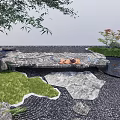 Garden Landscape With Stone Platform Small Pond Red Leaf Tree And Pebble Ground 3d model