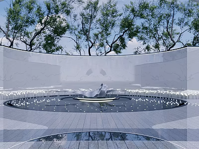 Modern Outdoor Sculpture in Circular Pool With Curved White Wall and Surrounding Trees 3d model