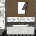 Stylish Bathroom Interior With Gold Framed Mirror Tropical Wallpaper Black Vanity And Hexagon Floor Tiles