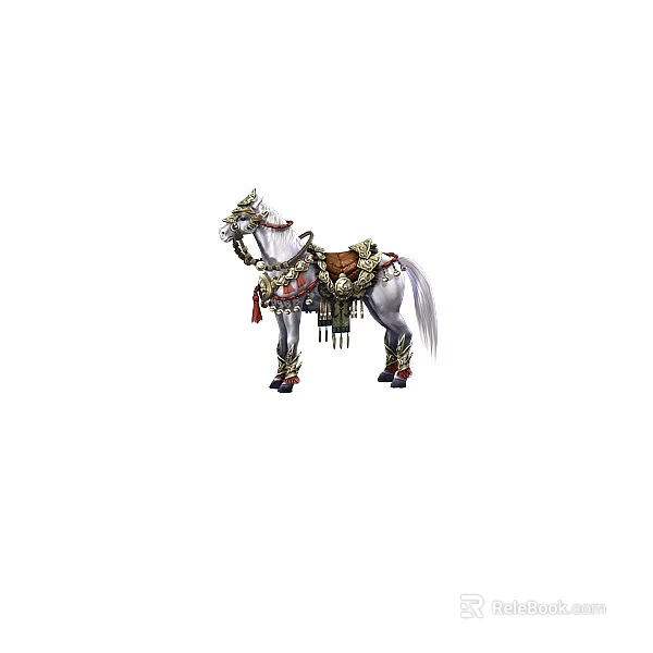 Game Movie Character White Mythical Steed With Ornate Saddle Decorative Tassels And Gold Accents 3d model 