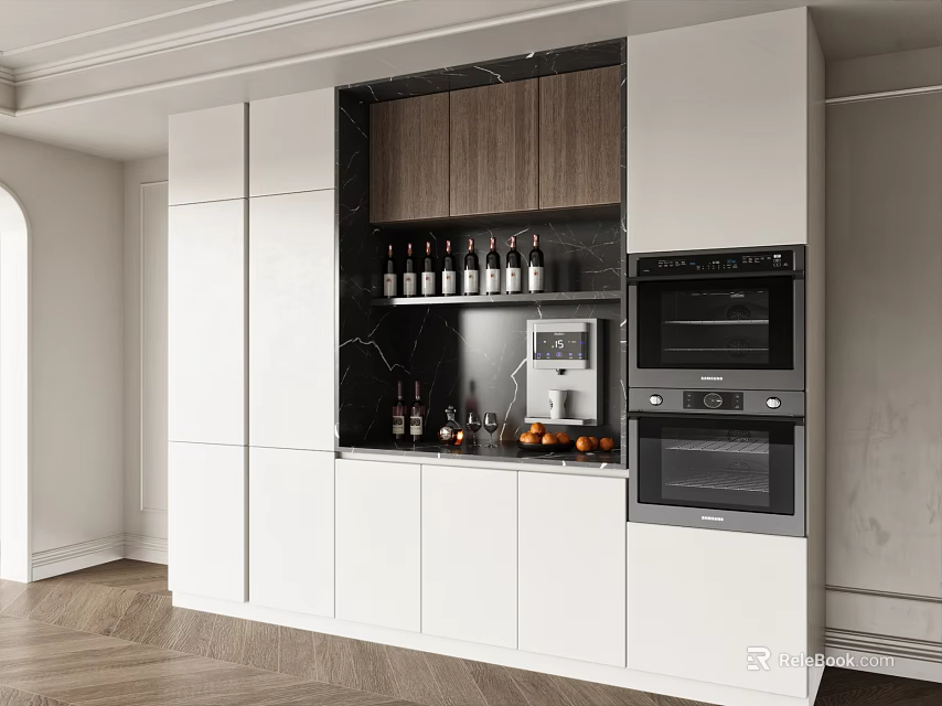 Modern Kitchen Wine Cabinet Design With Wooden Upper Shelves White Cabinets And Wine Bottles 3d model 