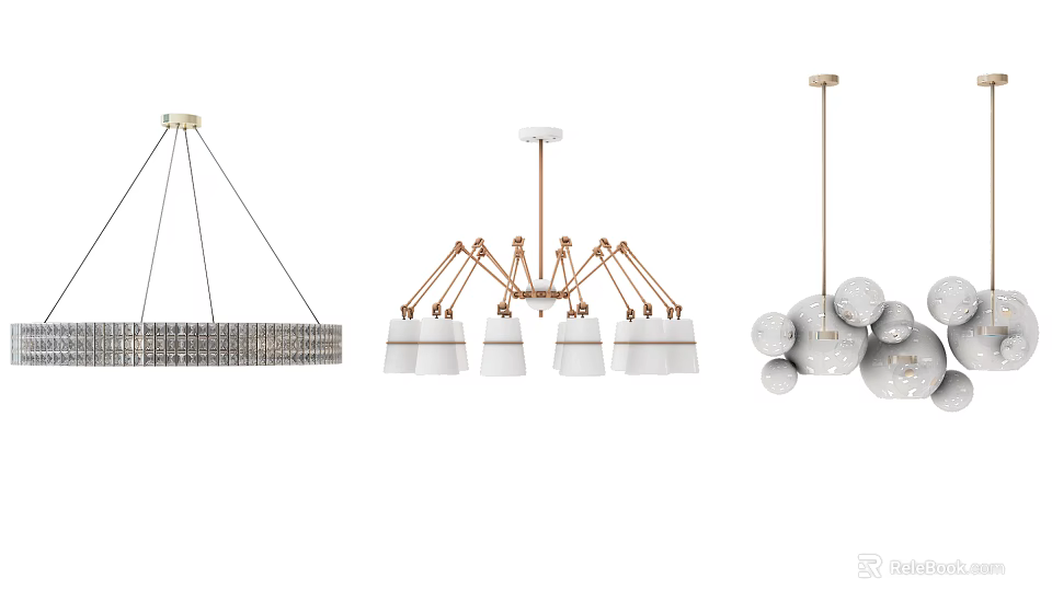 Various Modern Pendant Lights Featuring Rectangular Metal Frames Multi Lamp Shades and Spherical Glass Balls 3d model