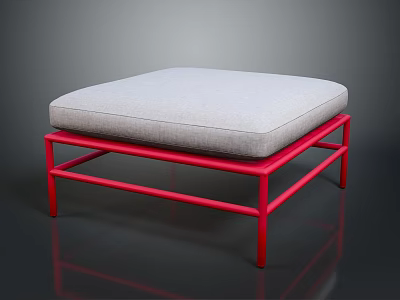 Modern Square Ottoman With Red Metal Frame And Soft Gray Cushion 3d model
