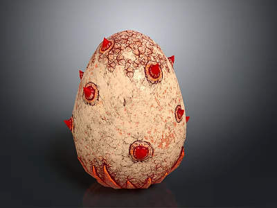 Artistic Egg Shaped Sculpture Carving with Red Spots Spikes and Textured Surface 3d model