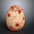Artistic Egg Shaped Sculpture Carving with Red Spots Spikes and Textured Surface