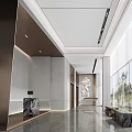 Modern Sales Office Interior Design With Tables Chairs Large Windows And Ceiling Decorations