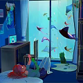 Blue Room With Large Window Ocean View Rays Fish Laptop And Black Cat