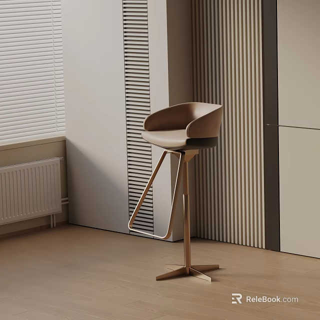 Modern Curved Seat Bar Stool With Wooden Base In Interior Space With Striped Wall And Window Blinds 3d model 