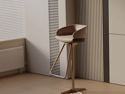Modern Curved Seat Bar Stool With Wooden Base In Interior Space With Striped Wall And Window Blinds 3d model