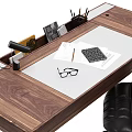 Modern Wooden Desk with Glass Top Table Lamp Stationery Glasses Paper Beside Black Chair