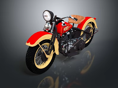 Vintage Red And Yellow Motorcycle With Round Headlight And Brown Classic Design 3d model