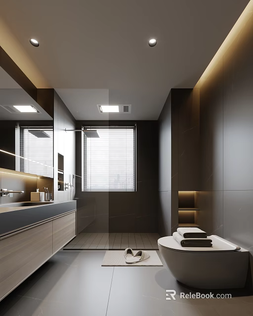 Modern Dark Toned Bathroom Interior With Mirror Blinds And Vanity 3d model 