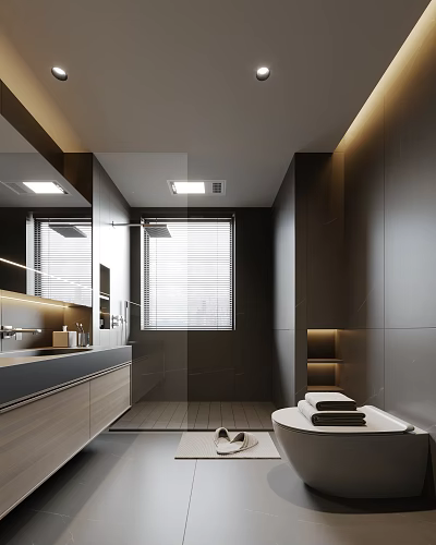 Modern Dark Toned Bathroom Interior With Mirror Blinds And Vanity 3d model