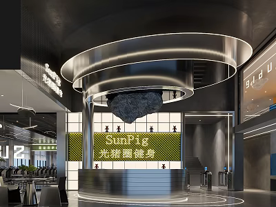 SurfPig Fitness Gym Modern Interior With Circular Light Fixture And Reception Area 3d model