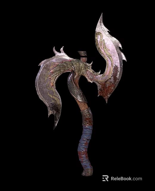 Ornate Axe Weapon With Intricate Carvings Feather Decorations And Metallic Red Wrapped Handle 3d model 