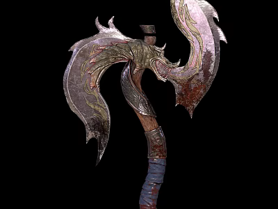 Ornate Axe Weapon With Intricate Carvings Feather Decorations And Metallic Red Wrapped Handle 3d model