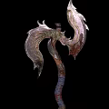 Ornate Axe Weapon With Intricate Carvings Feather Decorations And Metallic Red Wrapped Handle