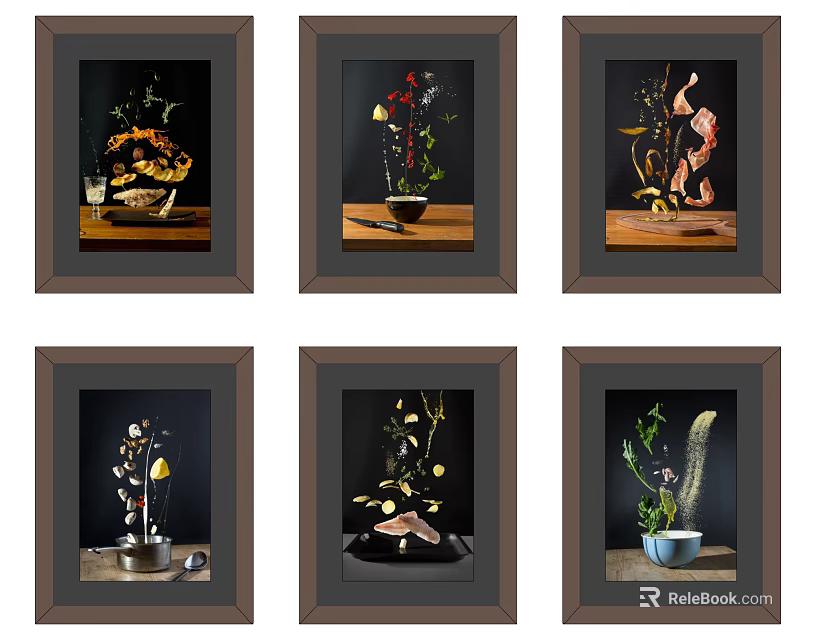Framed Botanical Paintings Set of Six With Floral Arrangements and Potted Plants 3d model 