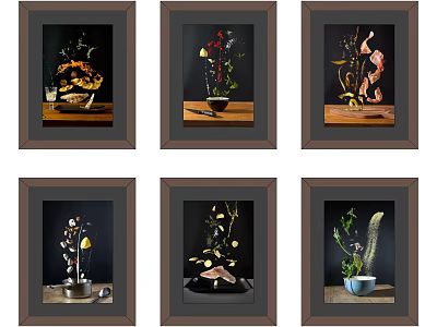 Framed Botanical Paintings Set of Six With Floral Arrangements and Potted Plants 3d model