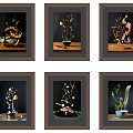 Framed Botanical Paintings Set of Six With Floral Arrangements and Potted Plants