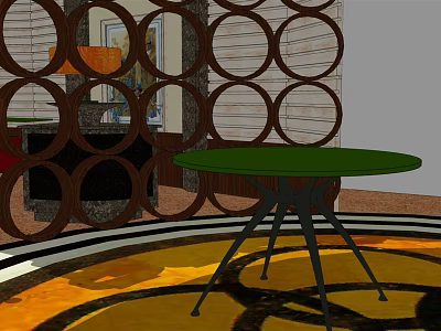 Hotel Lobby Interior Featuring Circular Decorative Screen Green Round Table And Yellow Patterned Carpet 3d model