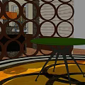 Hotel Lobby Interior Featuring Circular Decorative Screen Green Round Table And Yellow Patterned Carpet