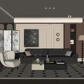 Elegant Living Room With Black Leather Sofa White Armchair Decorative Painting And Geometric Rug