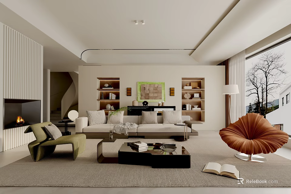 Modern Living Room Interior With Neutral Sofa Bookshelves Artwork And Accent Chair 3d model 