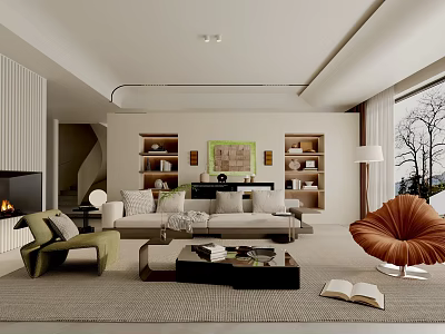 Modern Living Room Interior With Neutral Sofa Bookshelves Artwork And Accent Chair 3d model
