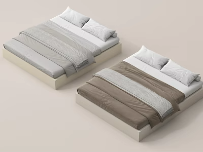 Two Modern Beds with Light Frame Gray Brown Bedding and White Pillows 3d model