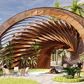 Curved Wooden Pergola with Wavy Design Green Plants and Outdoor Seating Area
