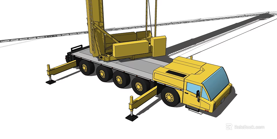 Yellow Heavy Duty Crane Truck With Extended Boom And Multiple Wheels 3d model 